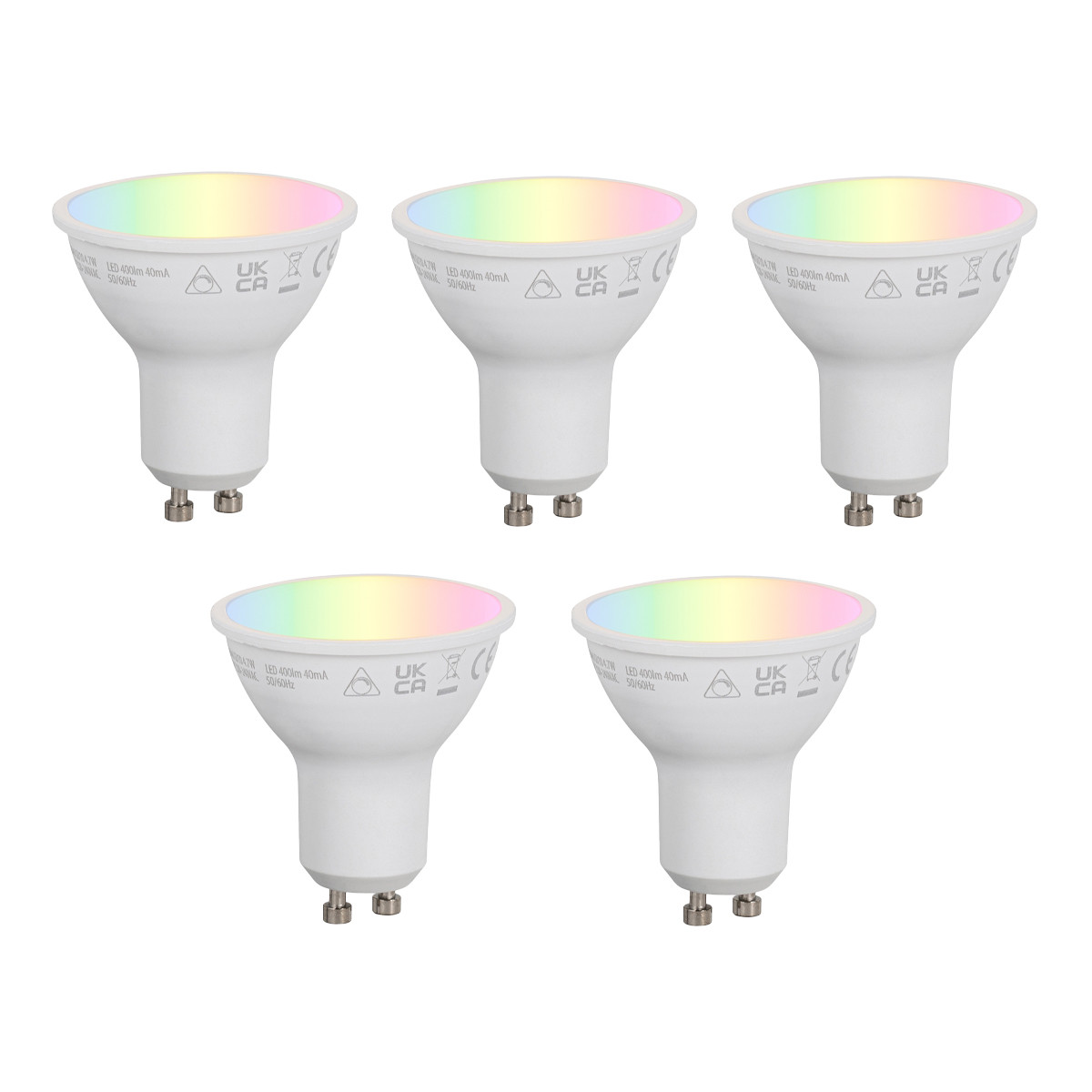 Sada 5 ks Chytrá LED žárovka GU10 50 mm s možností stmívání, opálová, RGBW, 4,7 W, 400 lm, 2700–6500 K
