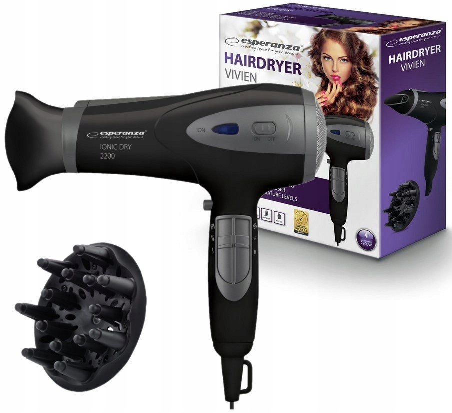 Vysoušeč Vlasů Esperanza Ionic Vivien 2200W Černý S Difuzérem