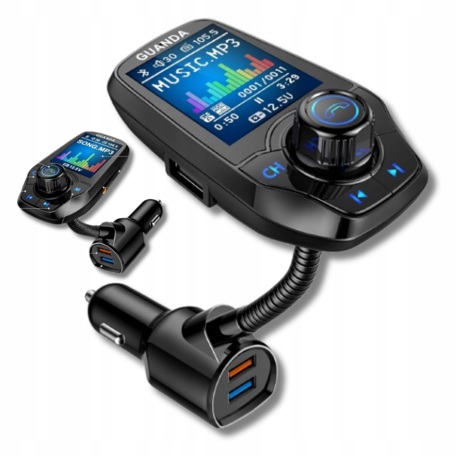 Fm vysílač Rychlá nabíječka Bluetooth Audio Mp3 2x Usb Aux Udisk Tf 4v1