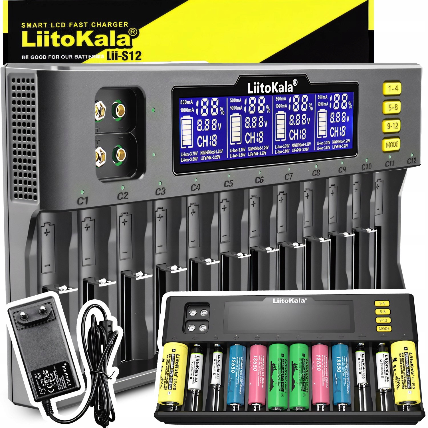 Univerzální Nabíječka Akumulátorových Článků Aaa Baterie 12 LCD Kanálů