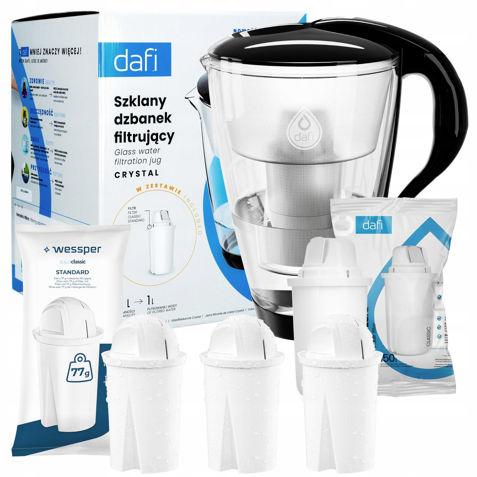 Skleněná filtrační konvice Dafi Crystal 2l černá 3x Wessper Náhradní