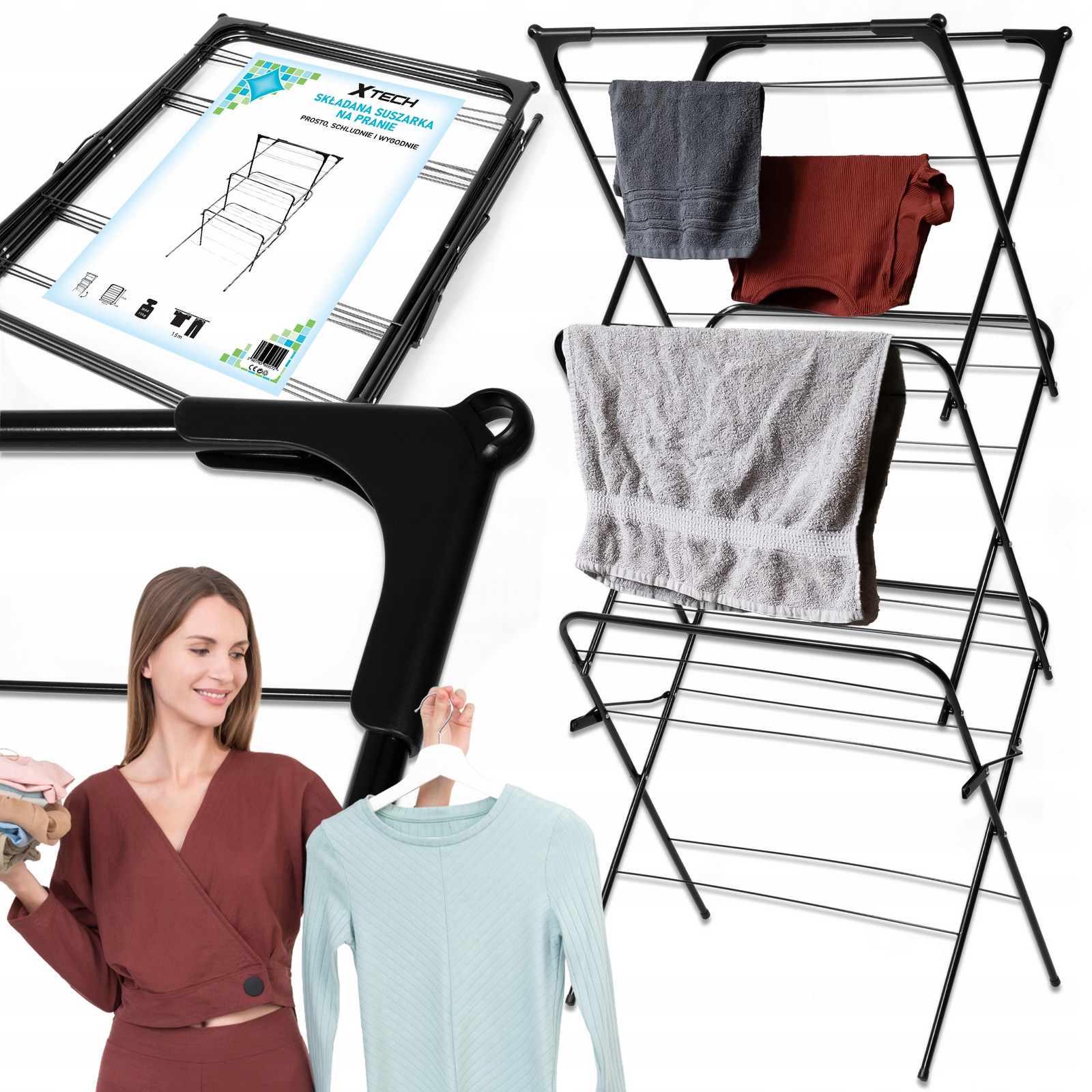 Sušák na prádlo Vertikální Balkonová Zahradní Skládací Černá Xtech