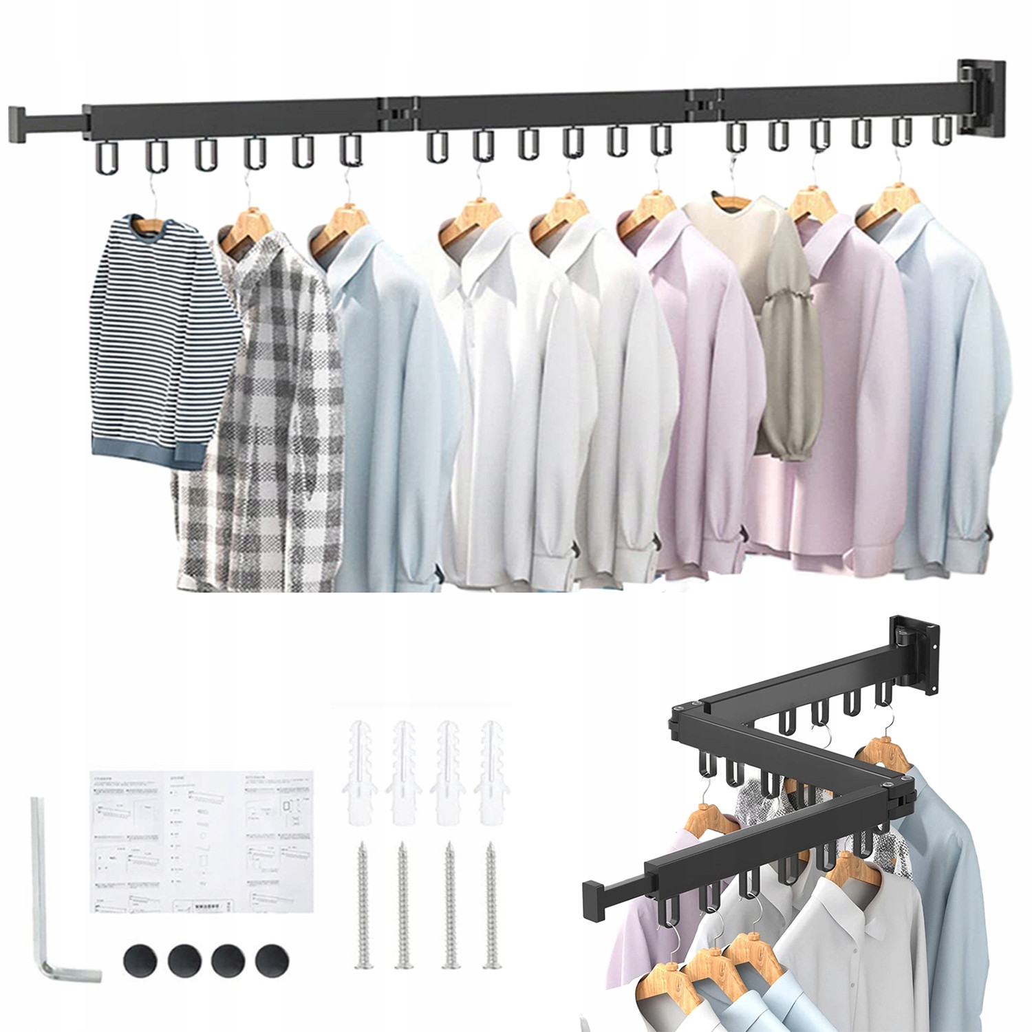 Věšák Šatní Tyč Montáž Na Balkon Stěny Skládací Černá 120CM