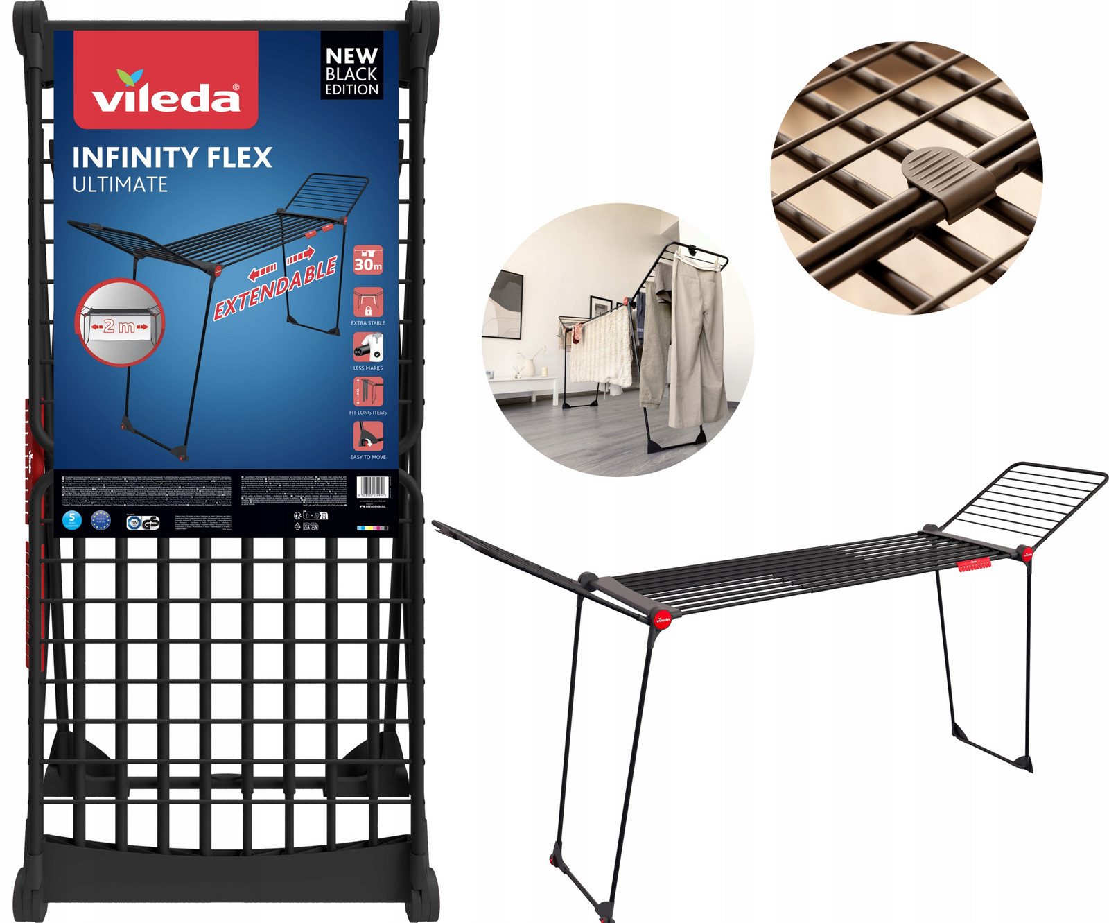 Sušák Infiniti Flex Ultimate Na Oblečení S Rozkládacím Zámkem Černá 205 CM