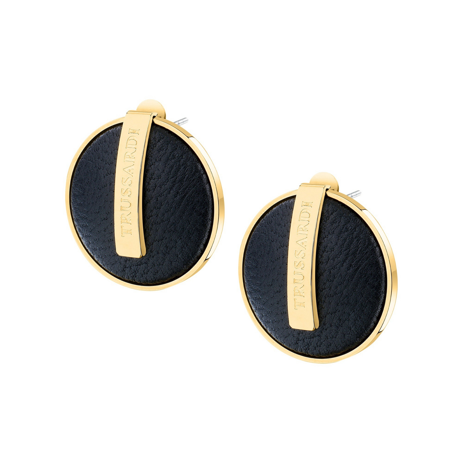 Trussardi Jedinečné pozlacené náušnice s černou kůží T-Round TJAYF01
