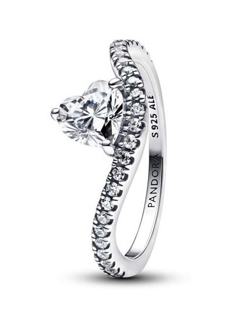 Pandora Stříbrný vlnitý prsten Srdce se zirkony Timeless 193661C01 52 mm