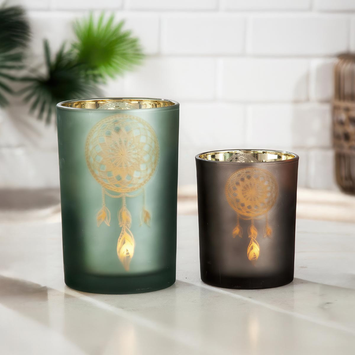 Weltbild Skleněný svícen Lapač snů, hnědý, velký