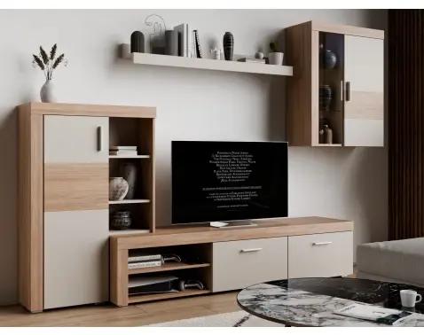 Obývací stěna Pico, dub jantarový/béžová kašmír, s osvětlením