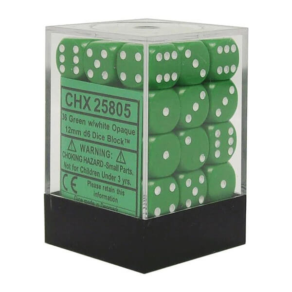 Sada kostek Chessex Green w/White 12mm D6 Dice Blocks (25805) - 36ks