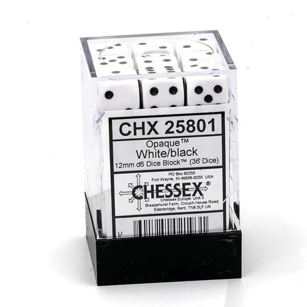 Sada kostek Chessex White w/Black 12mm D6 Dice Blocks (25801) - 36ks