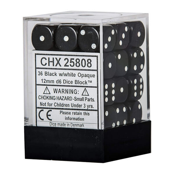 Sada kostek Chessex Black w/White 12mm D6 Dice Blocks (25808) - 36ks