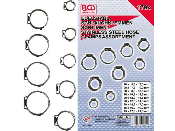 BGS Technic BGS 14115 Nerezové hadicové spony pr. 5,8 ÷ 21 mm (Sada 170 dílů)