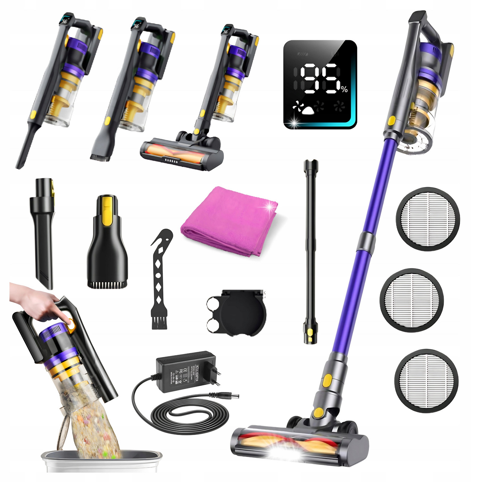 Výkonný Tyčový Vysavač Bezdrátový Filtr Hepa Led Sání 55 kPa Výkon 550 W
