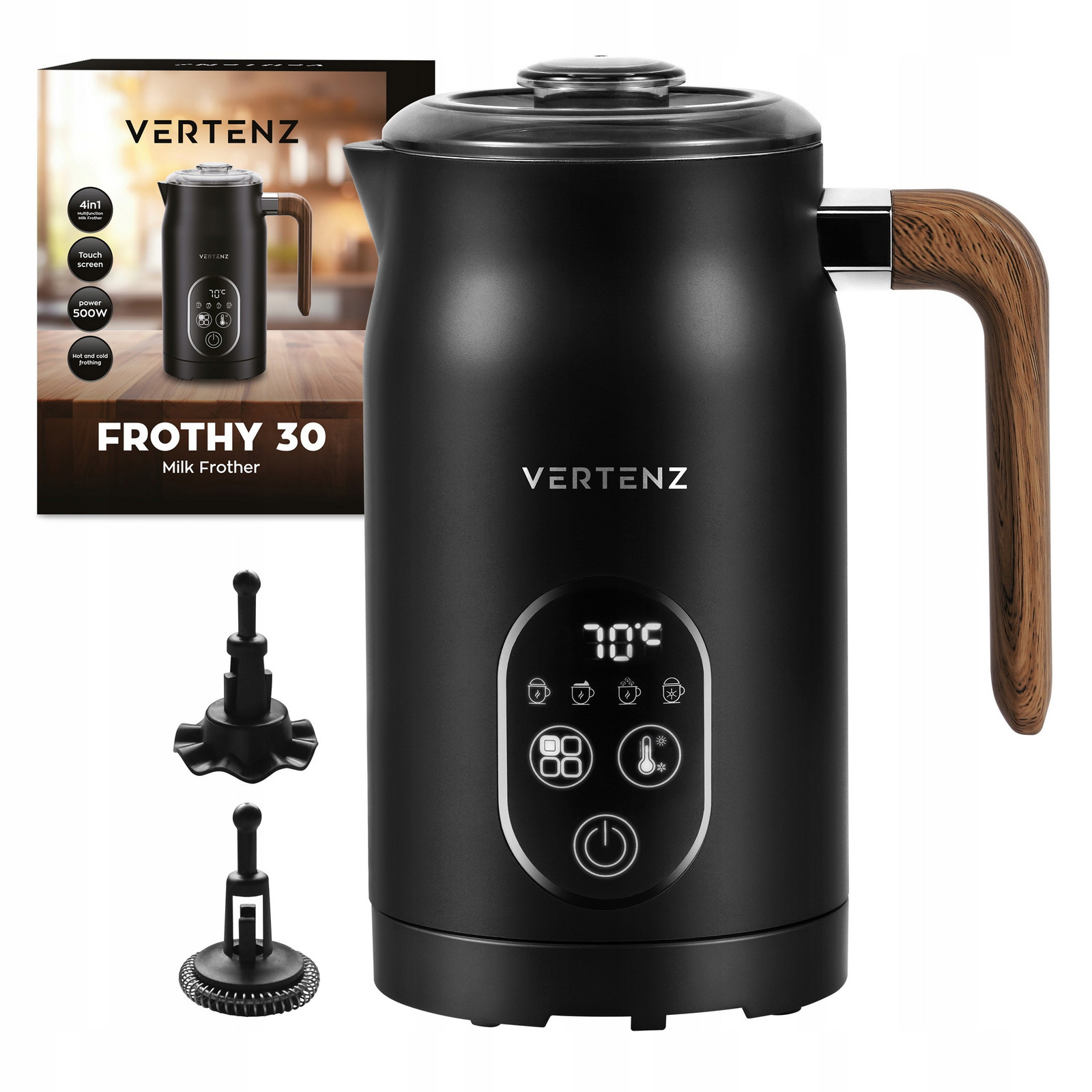 Napěňovač mléka na kávu 4v1 Ocel 500W 2 Míchadla Regulace teploty Vertenz