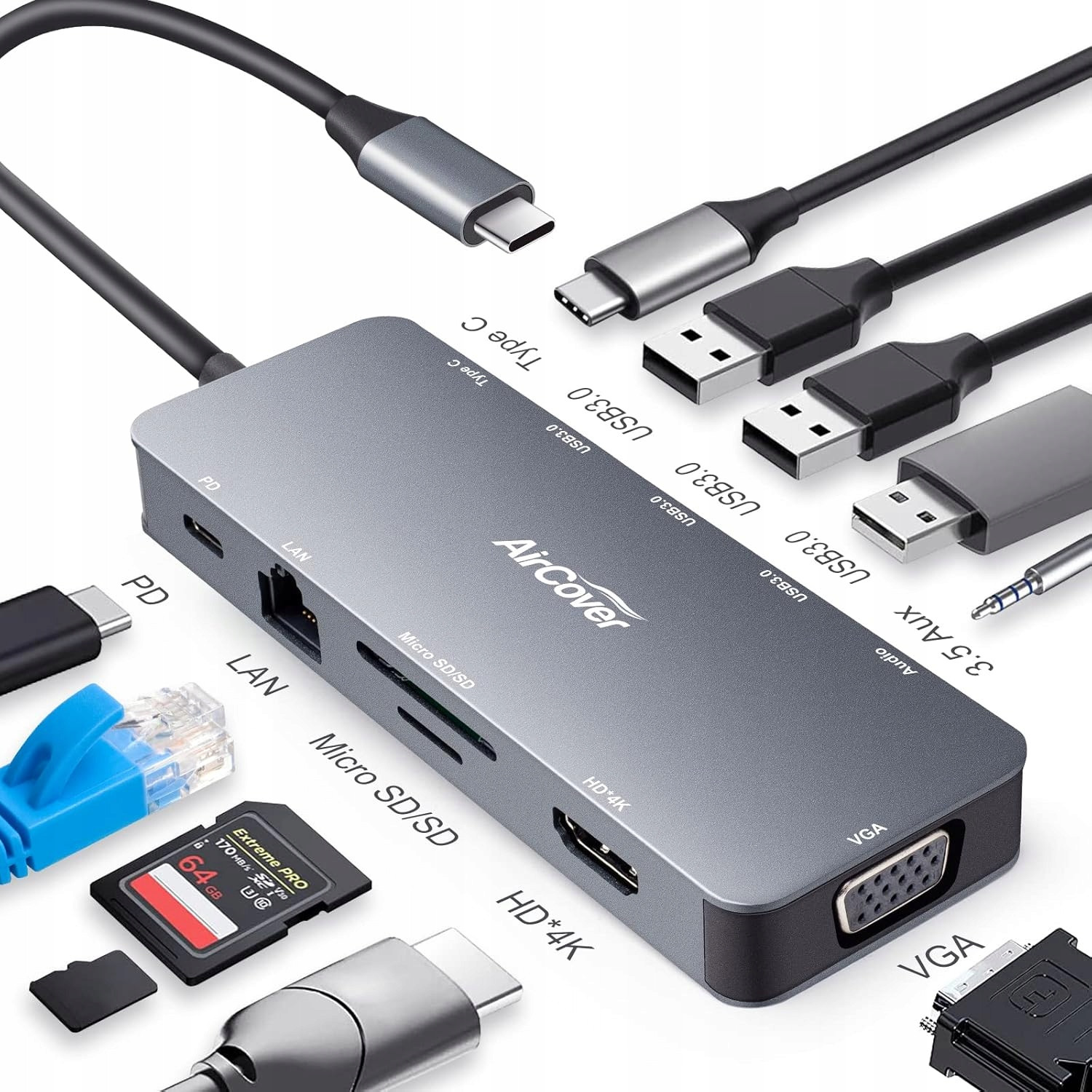 Hub Usb Type C 11 in 1 Rozbočovač s Lan 1 GB/s Hdmi, Vga, Aux, Sd AirCover