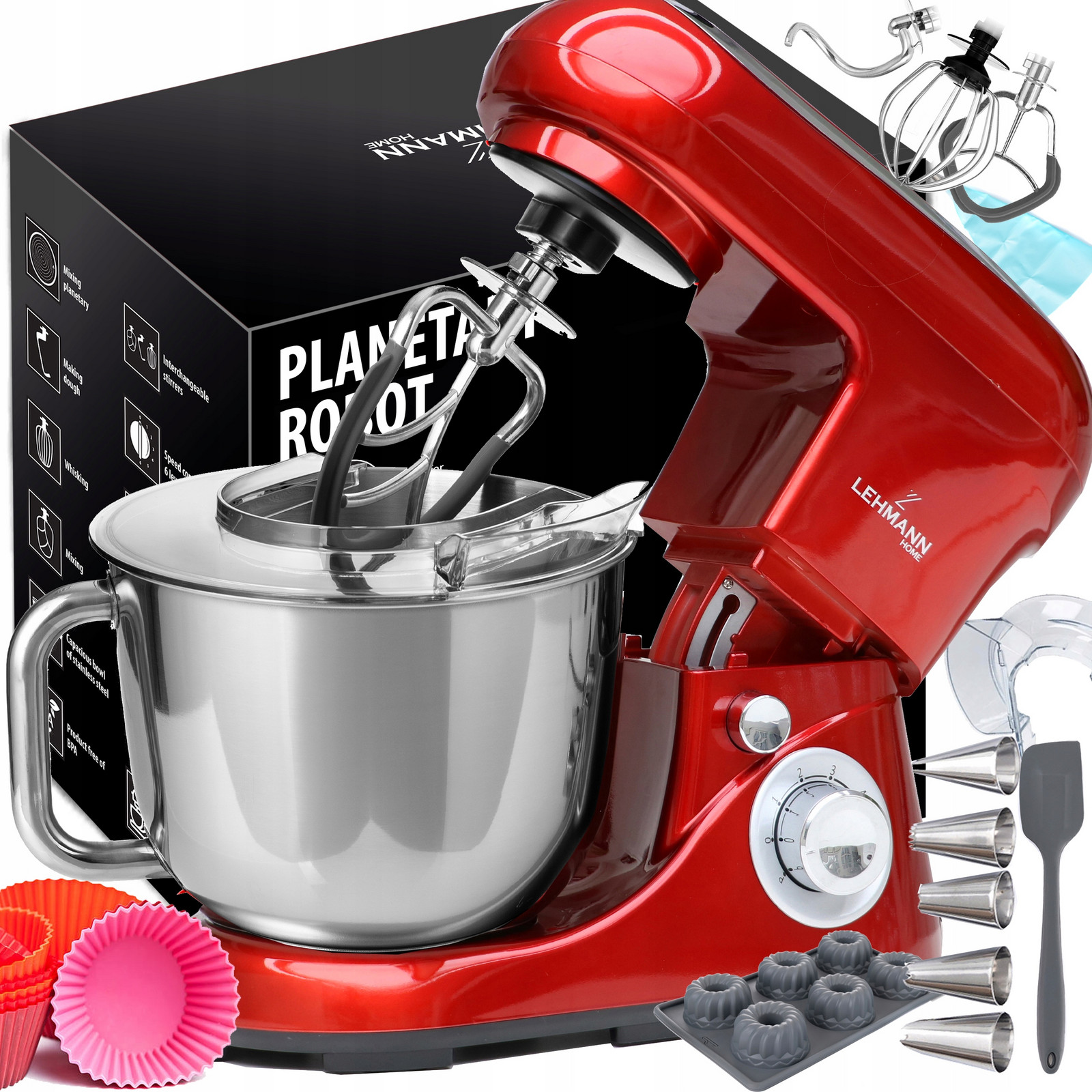 Kuchyňský Planetární Robot Mixér 3 Míchadla Hák Mísa 5 L Otočný Červený