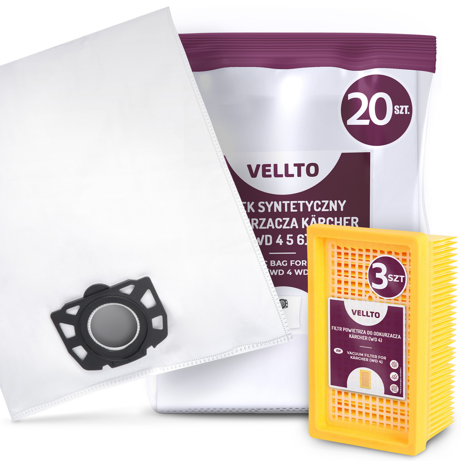 20 x Sáček Do Vysavače Karcher WD4 WD5 WD6 MV4 MV5 MV6 3x Vzduchový filtr