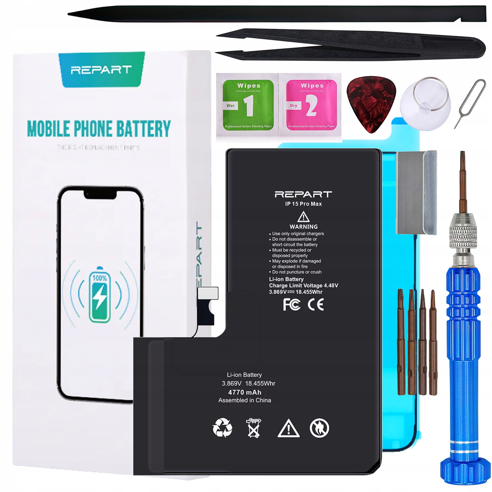 Baterie pro Apple iPhone 15 Pro Max Větší 4770 mAh Nástroje Těsnění