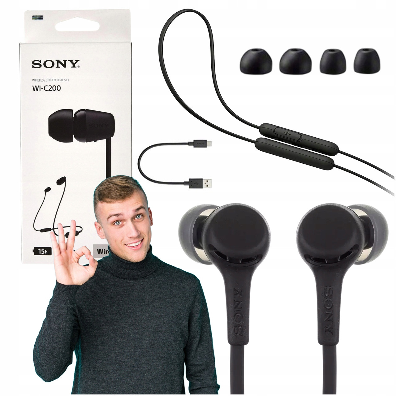 Bezdrátová Sluchátka Sony WI-C200 Bluetooth Bass Černá Kanálová