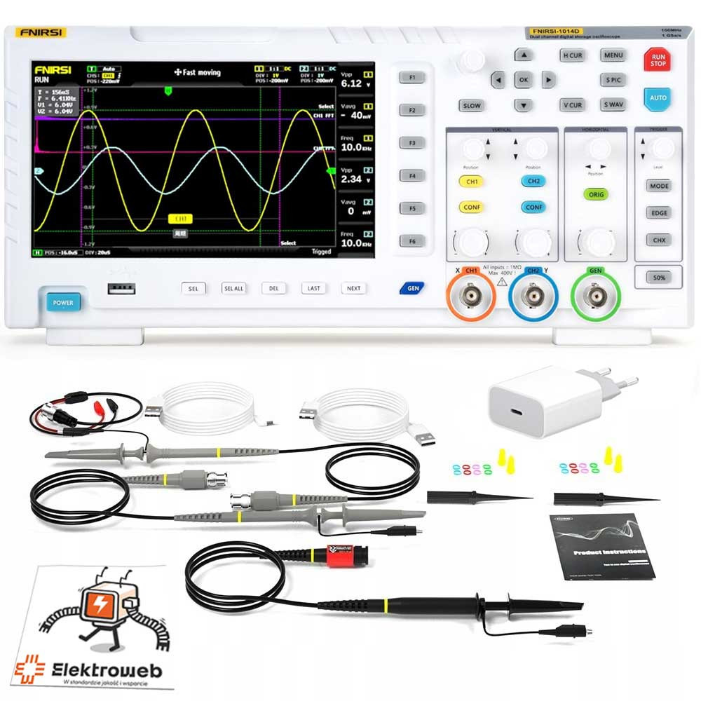 Dvoukanálový osciloskop 2v1 s generátorem Dds Fnirsi 1014D 2 sondy nálepka