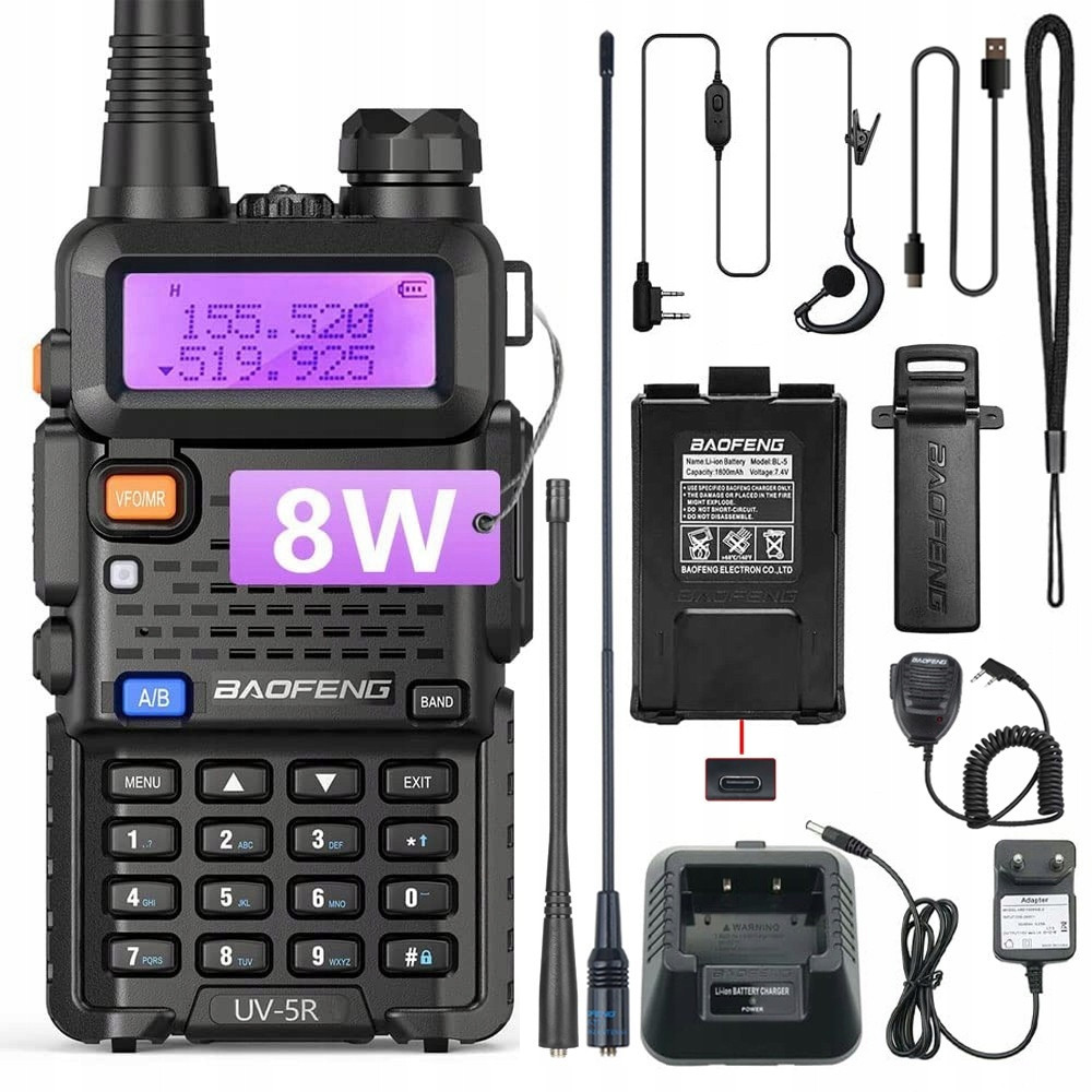 Baofeng UV-5R 8W 1800mAh Vysílačka Radiotelefon Walkie Talkie Skener