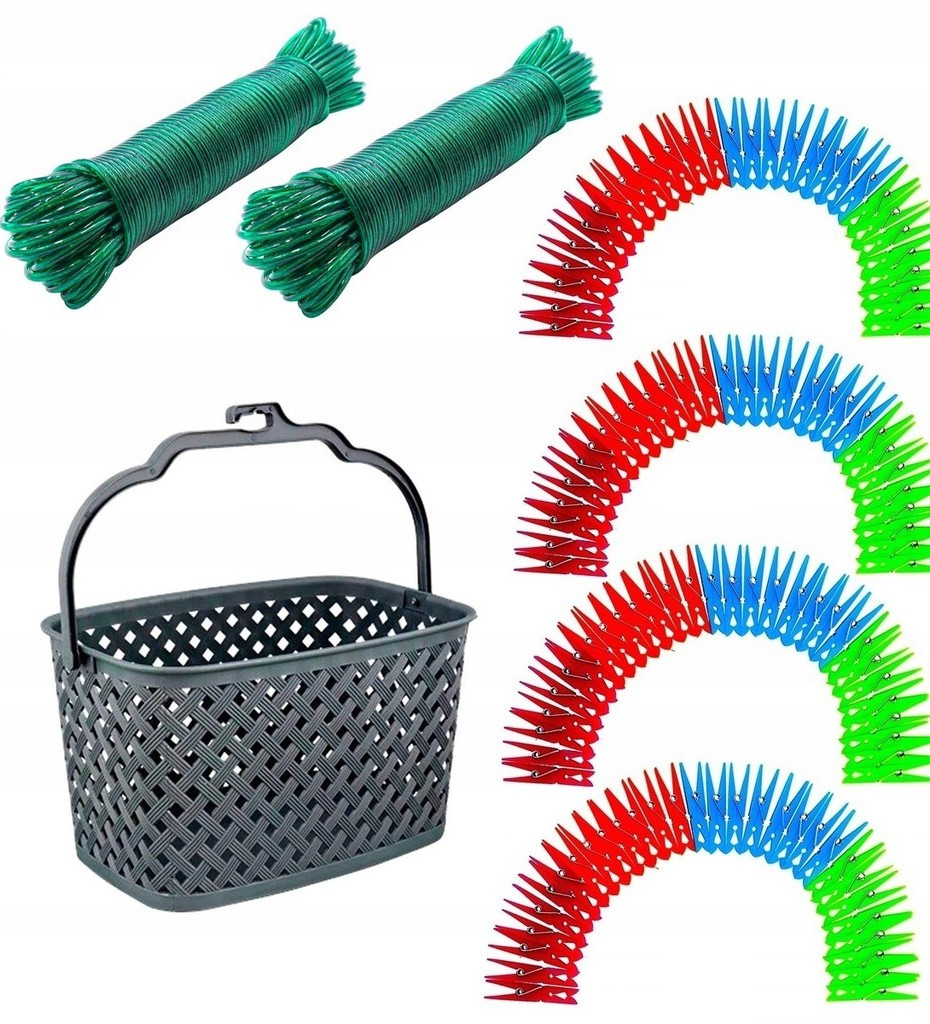Set Kolíčky 96 Ks Košíček Lanko Na Praní Ocelová Vložka 2x30m./60m
