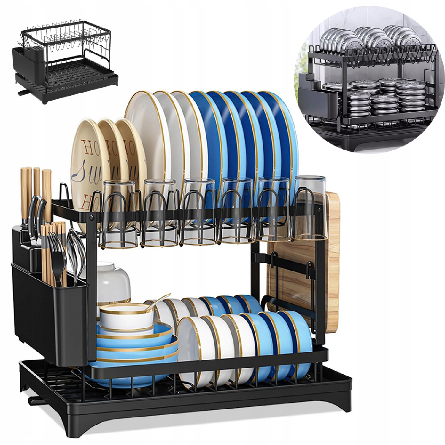 Dvouúrovňová Sušička Na Nádobí Odkapávač Talíře Příbory 42*29*30 CM Černá