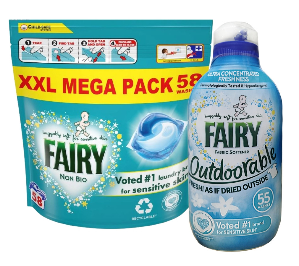 Fairy Non Bio kapsle na praní 58ks Fairy Outdoorable na oplachování 55 kusů