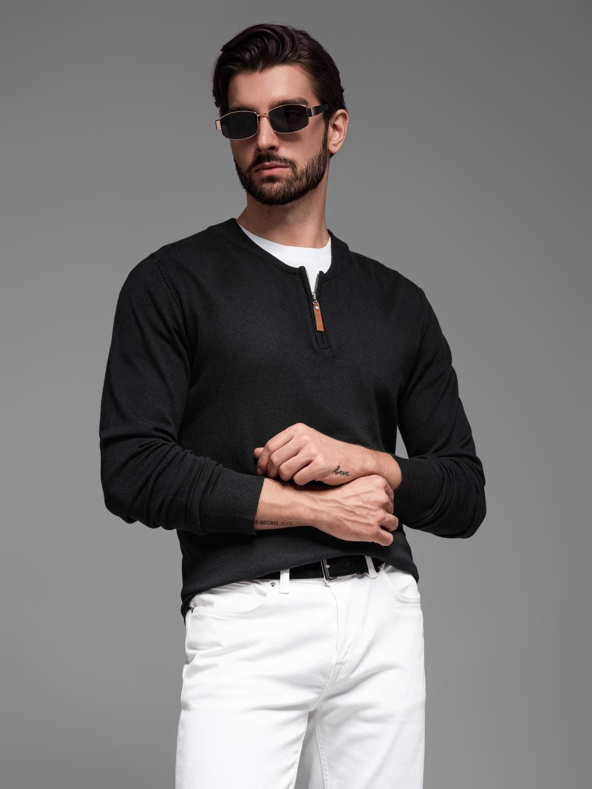 Ombre Men's sweater with viscose and spread neckline - black