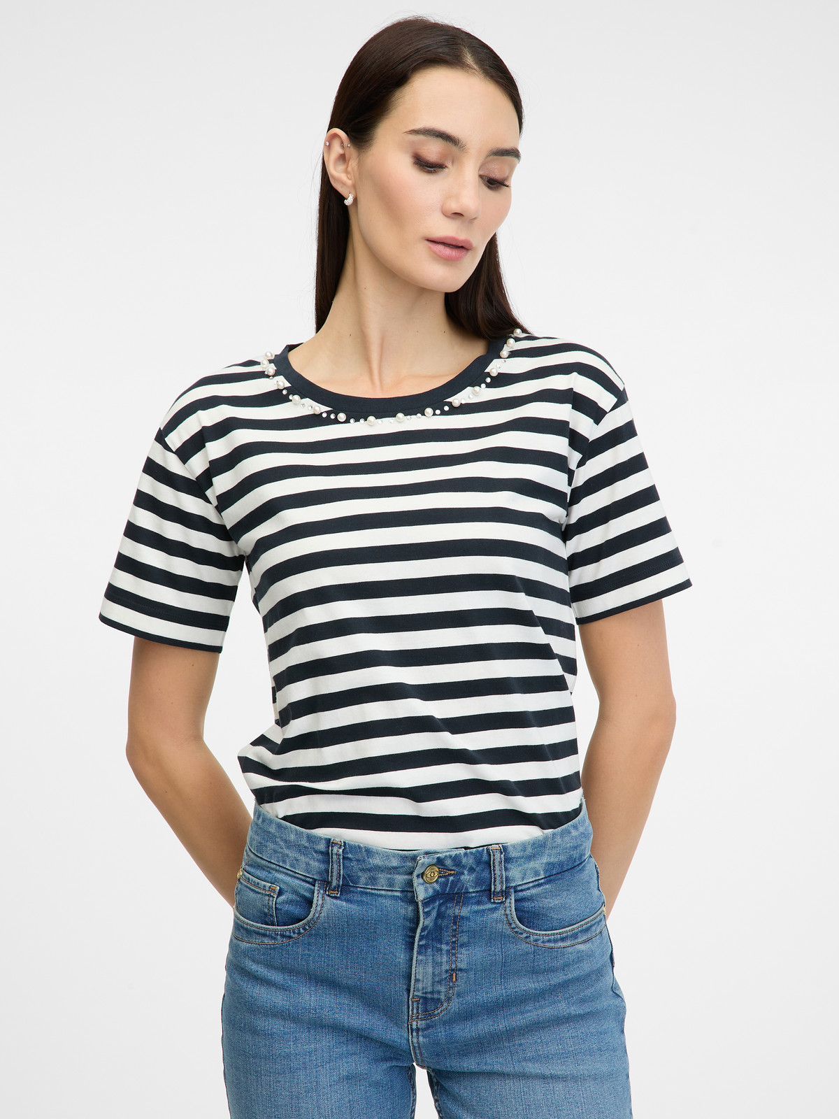 Tmavě modré pruhované dámské tričko s krátkým rukávem ORSAY - Dámské