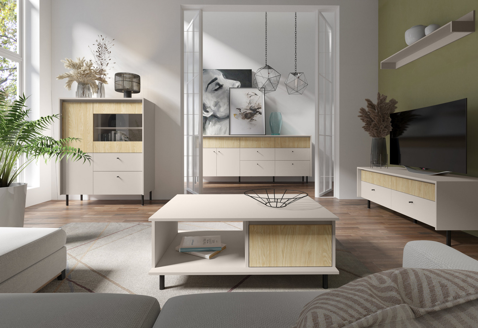 Obývací sestava Malta 1 Barva korpusu + barva dveří: Pískově béžová / Dub olejovaný