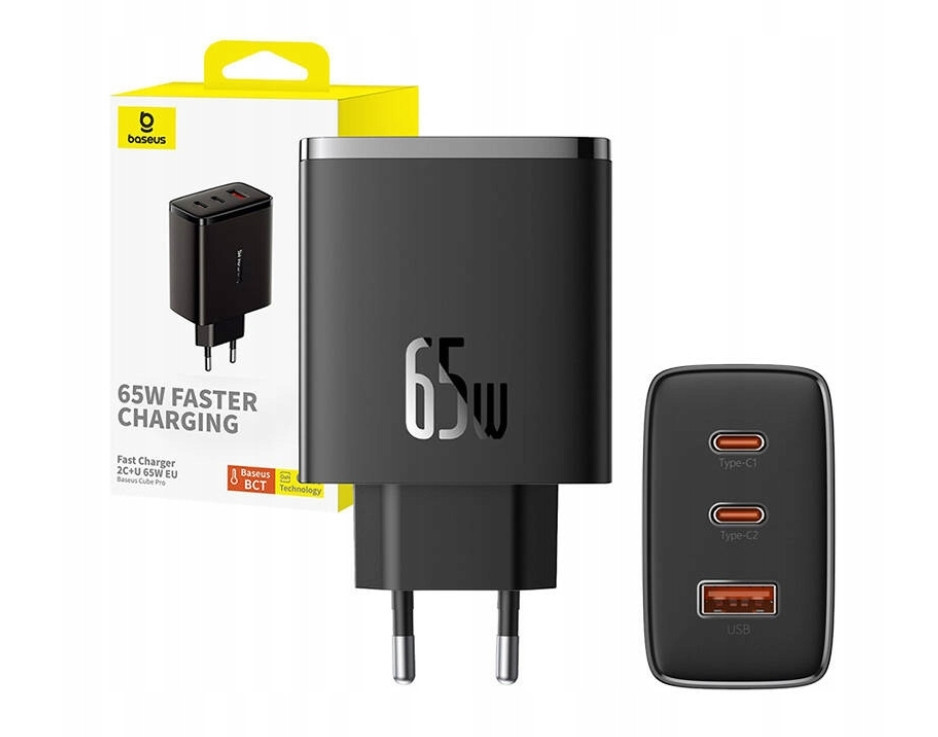 Baseus Rychlá Síťová Nabíječka, Napájecí Adaptér 2X Usb-c Usb Pd 3.0 Qc 3.0 65W