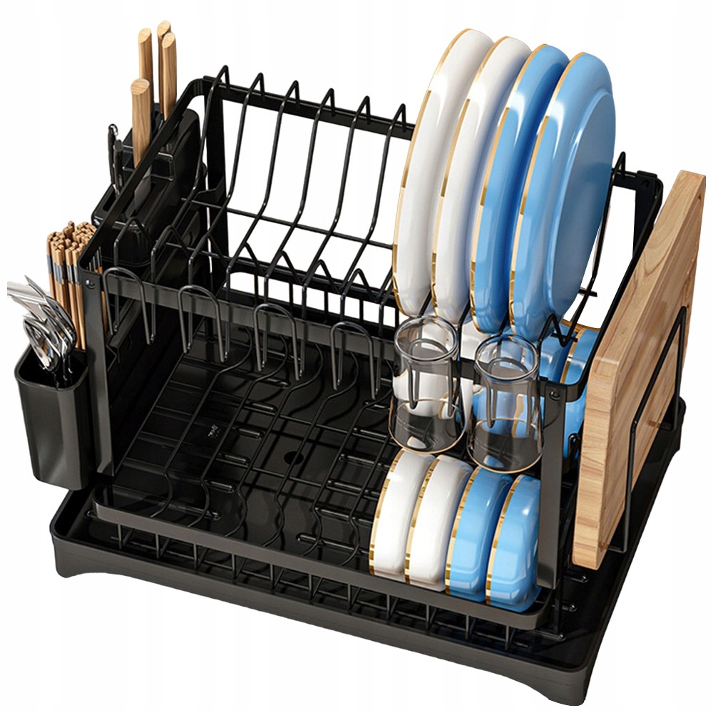 Odkapávač Na Nádobí Stojanový Odkapávač Dvouúrovňový Na Nádobí Černý Velký