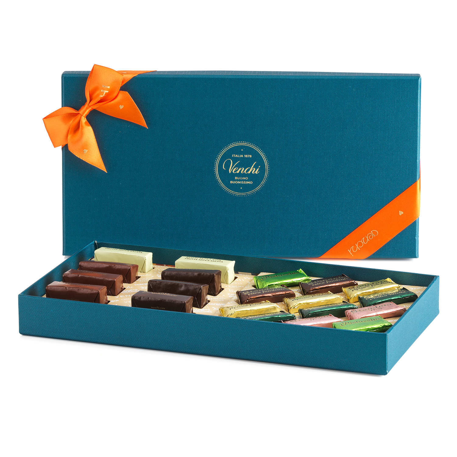 Venchi bonboniéra Murrine s cihličkami a nugaty 223g Barva: Modrá