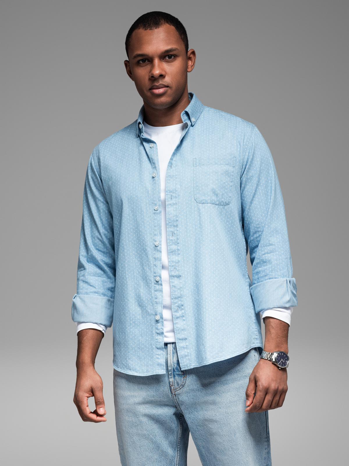Ombre Men's patterned thin denim shirt with pocket - light blue