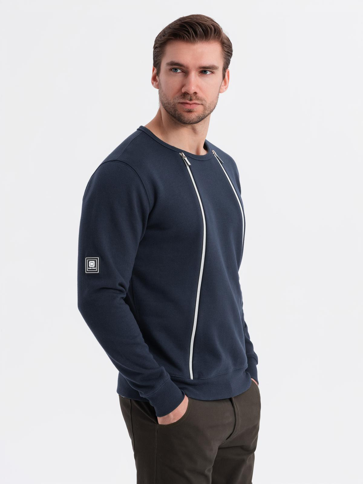 Ombre Men's sweatshirt with decorative zips on the front - navy blue