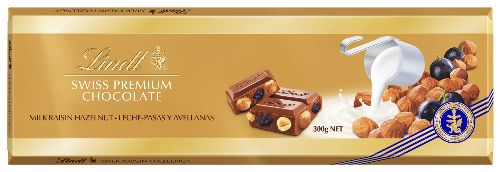 LINDT Gold Tablet Švýcarská mléčná čokoláda s rozinkami 300 g