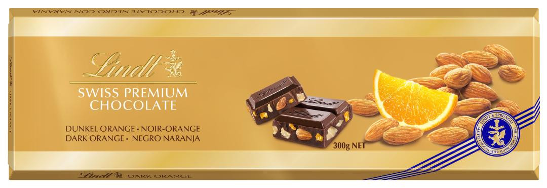 LINDT Gold Tablet Švýcarská hořká čokoláda s pomerančem a mandlemi 300 g