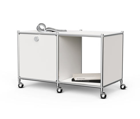 Tchibo - Kovový odkládací stolek »Cn3« s 1 výklopnými dvířky a kolečky - barva: bílá