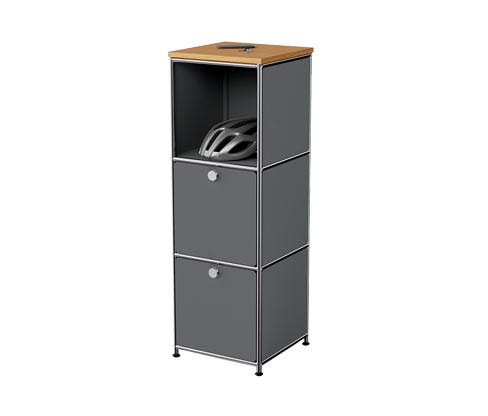 Tchibo - Úzká kovová komoda »Cn3« s dřevěnou deskou a 2 výklopnými dvířky - barva: šedá