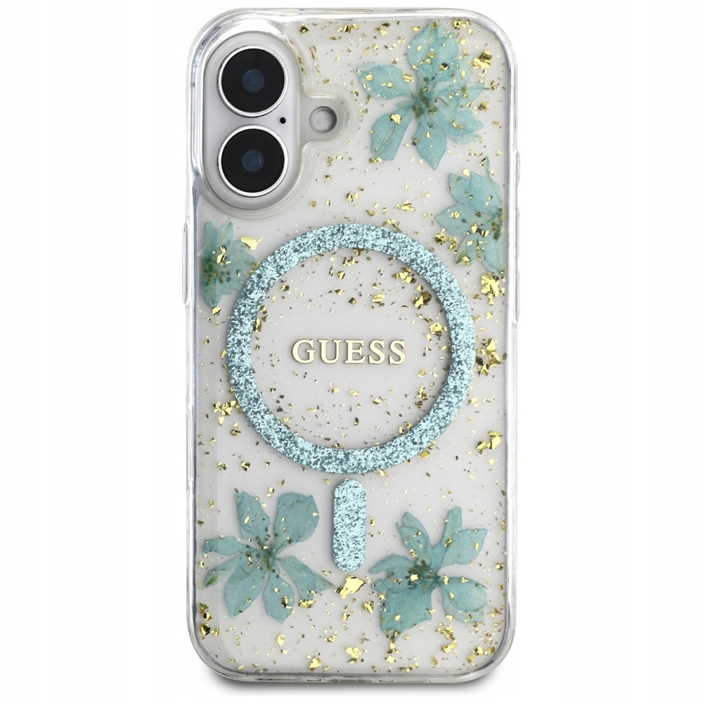 Guess Flowers Glitter MagSafe pouzdro Brokátové kryt pro iPhone 16