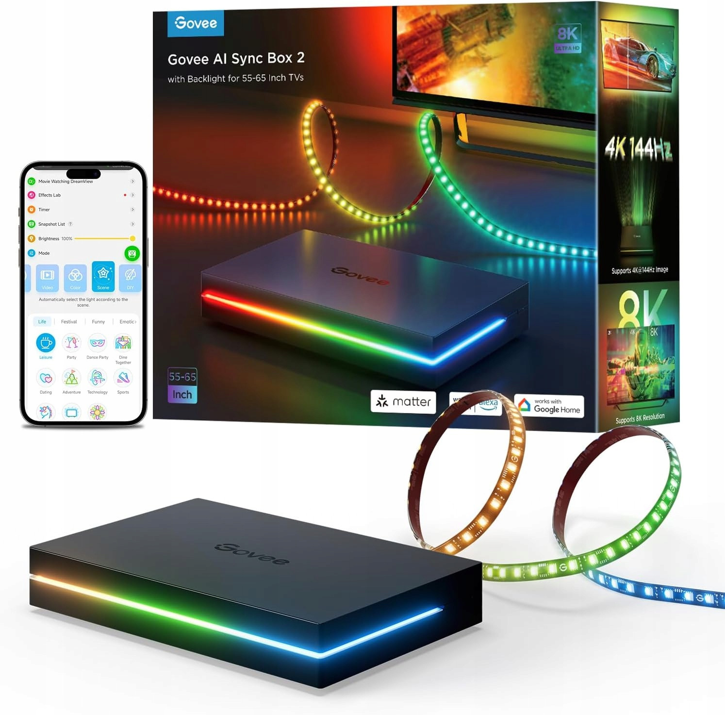 Govee Ai Sync Box 2 Podsvícení Televize 55-65 Palců Led Páska Pro Televizi