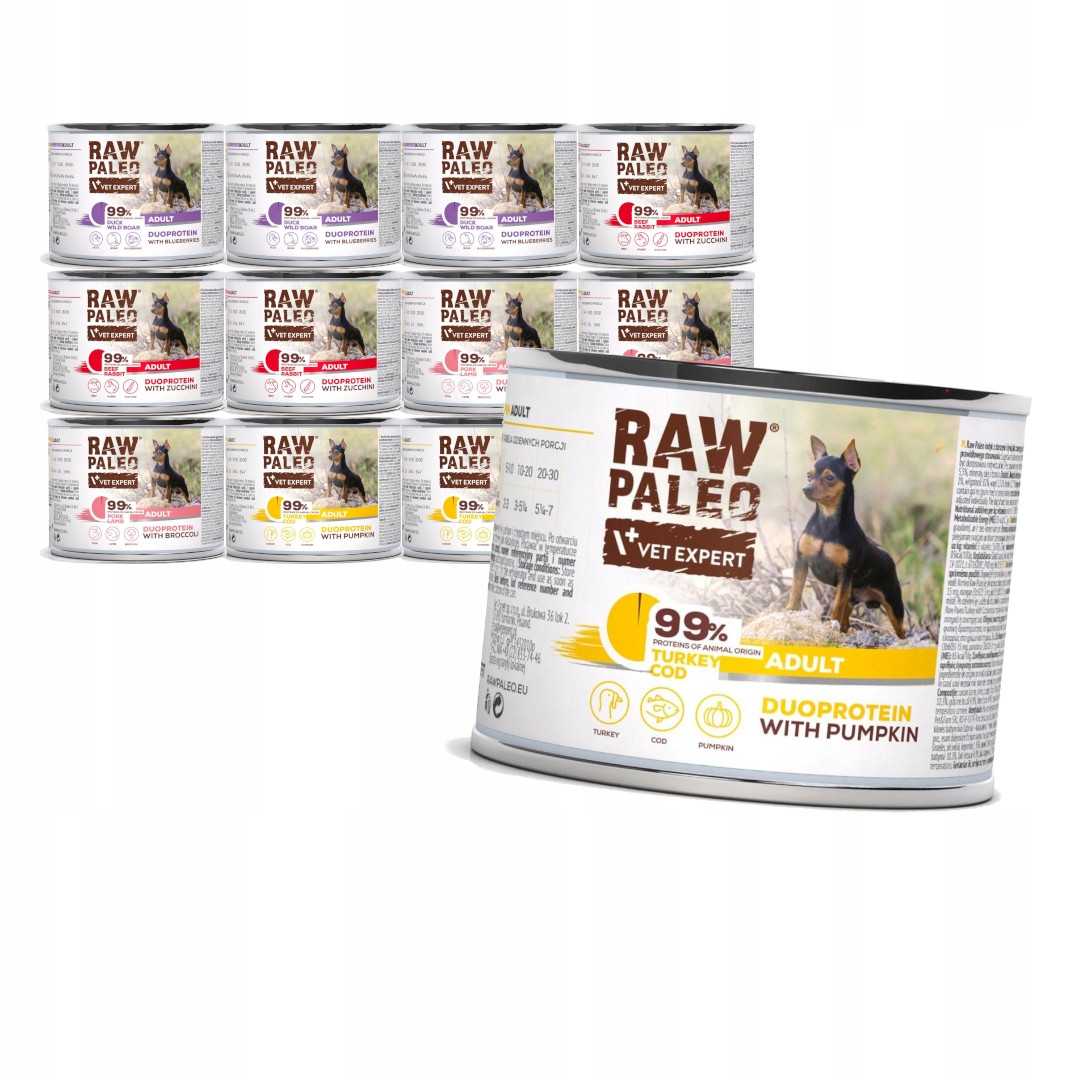 Raw Paleo Adult Duo 12x200g Vlhké Krmivo pro psy s hovězím a králíkem
