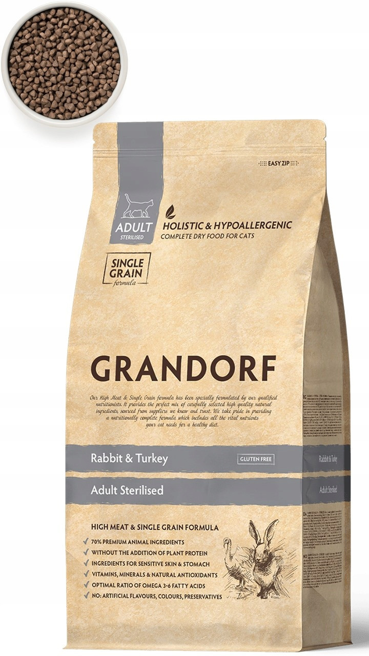 Grandorf Suché Pro Kočky Krmivo Krůtí králík pro dospělé sterilizované 2 kg Dárek