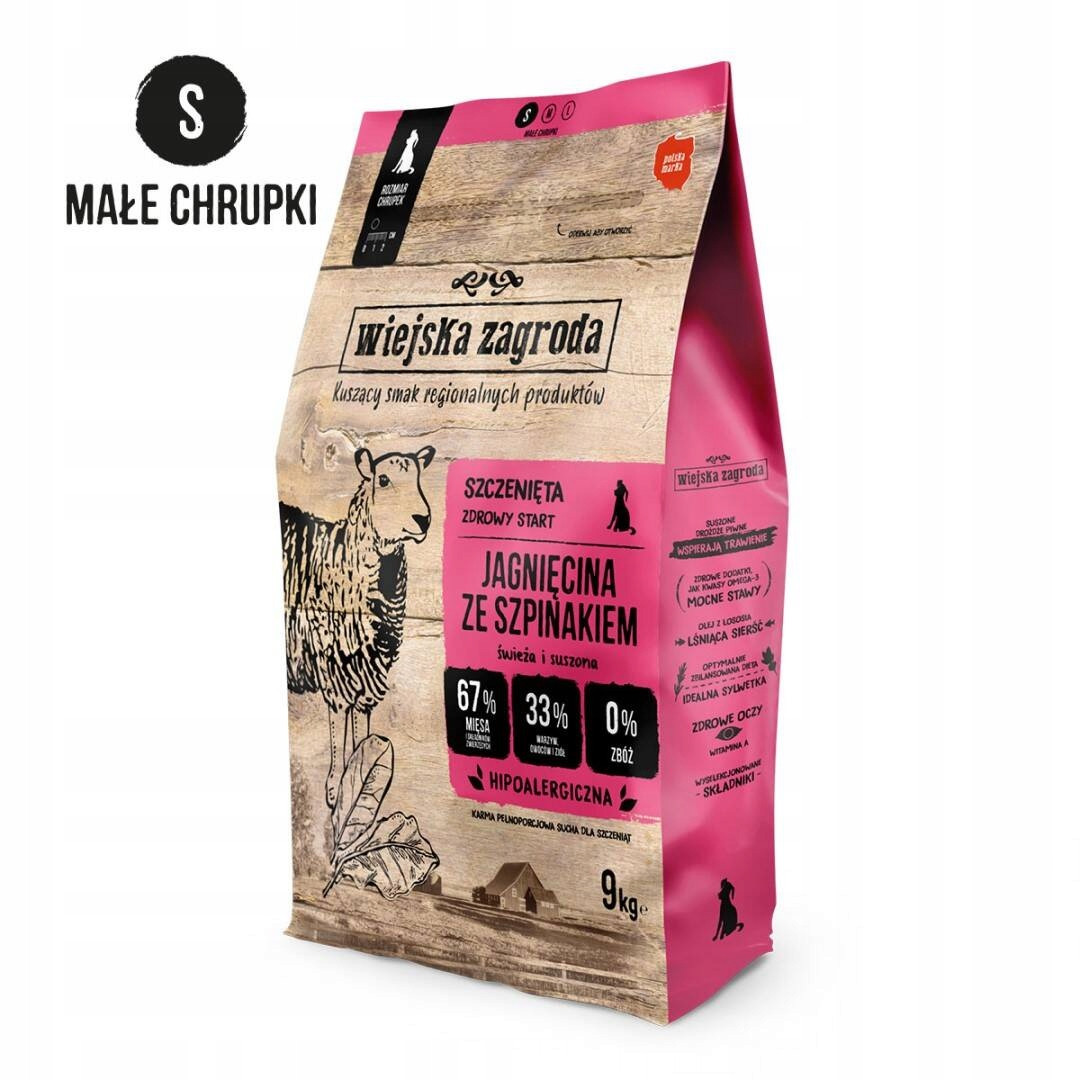 Wiejska Zagroda Jehněčí špenát 9 kg Suché Krmivo pro štěňata Křupky
