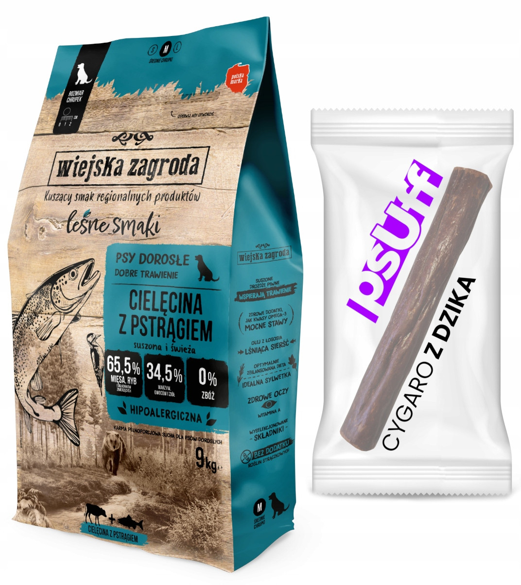 Lesní Příchutě Telecí se pstruhem 9kg pro psa psUff doutník divočák 1 Ks