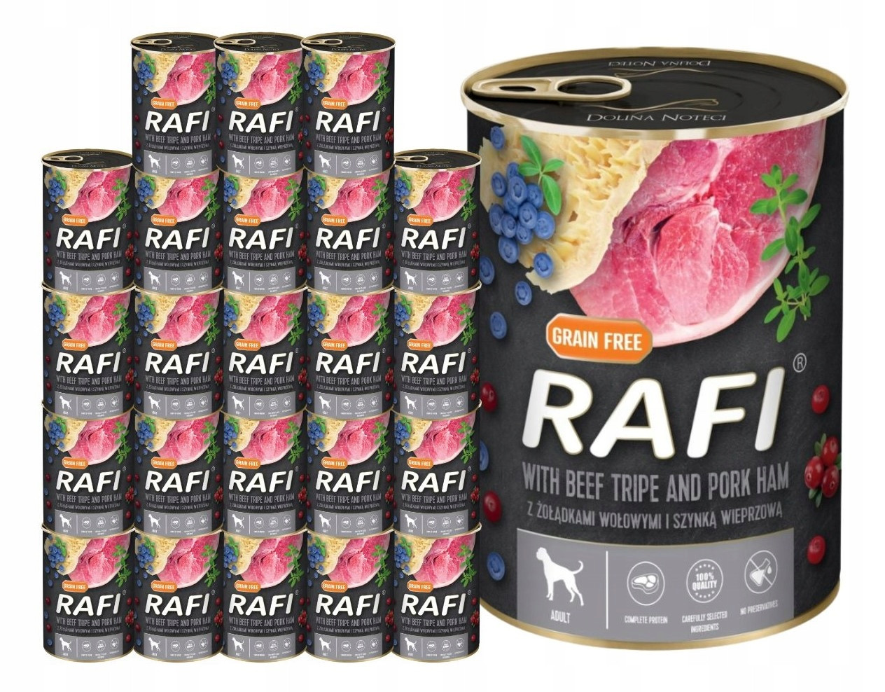 Rafi vlhké krmivo pro psy s hovězími žaludky a šunkou 24x400g Bezobilné