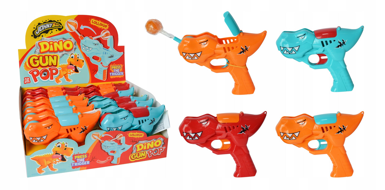 Lízátko Dino Gun Pop Johny Bee lízátko pistole dinosaurus sada 12 kusů