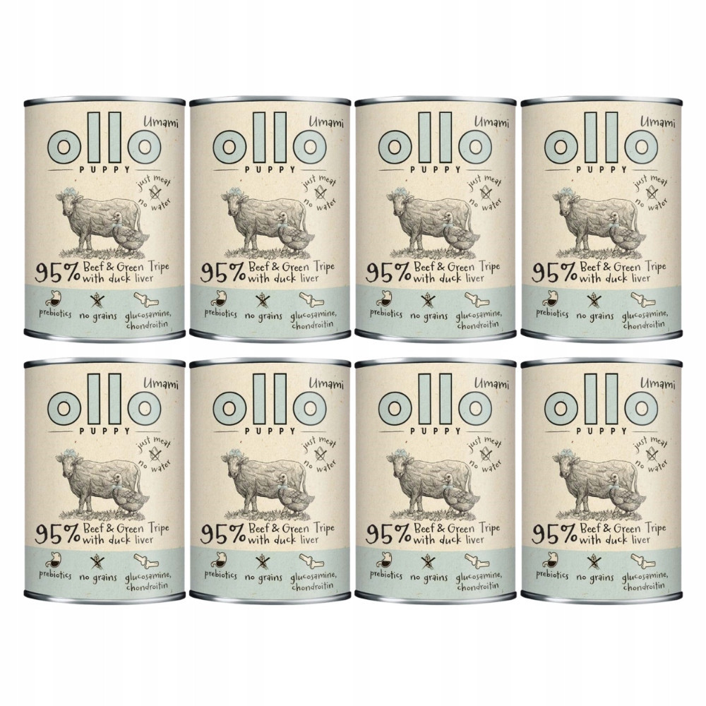 Vlhké krmivo Ollo Puppy Umami Hovězí Maso, Zelené Žvýkačky S Kachními Játry 8x400 g