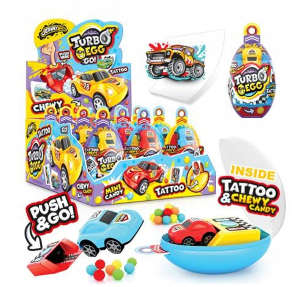 Bonbóny Turbo Egg Johny Bee 10 g x 12 ks hračka Vajíčko s autem